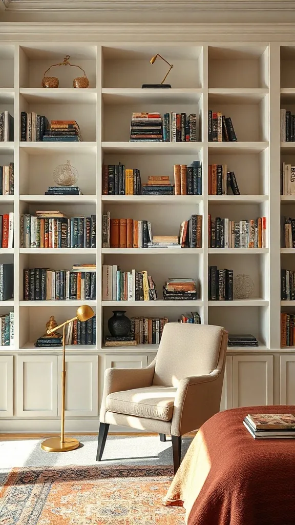 Floor-to-ceiling white built-in bookshelves framing a velvet armchair and brass reading lamp.