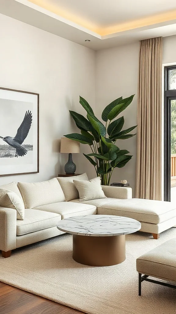 Compact cream bouclé L-shaped sectional sofa in a bedroom corner with a marble coffee table.