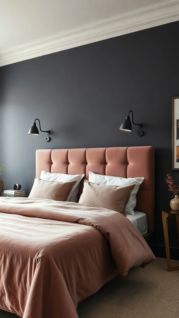 Dark charcoal accent wall with black swing-arm wall sconces and velvet upholstered bed.