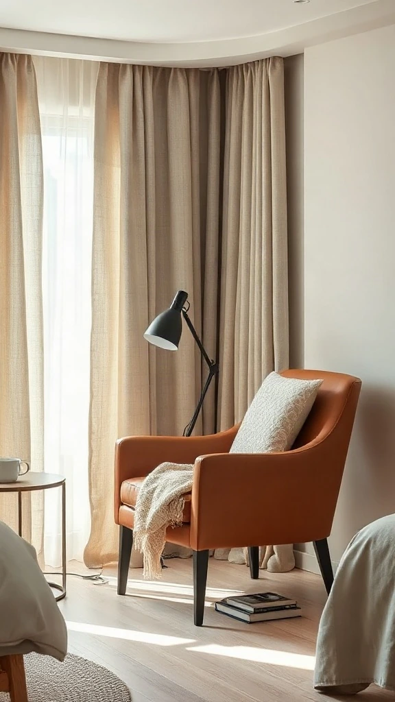 Modern master bedroom design featuring a cognac leather armchair, black arc lamp, and light oak side table.