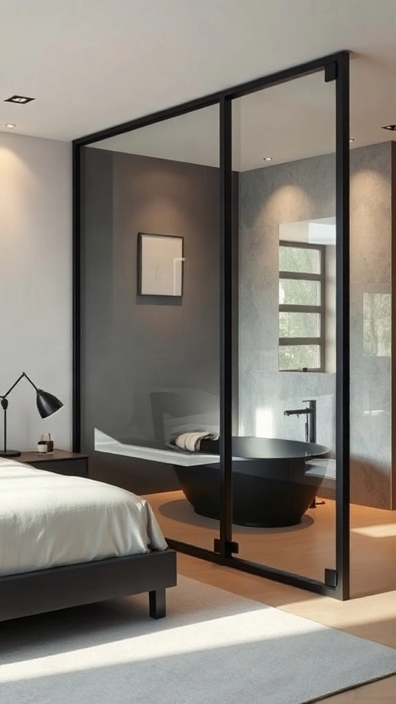 Black steel-framed glass partition wall separating a modern bedroom from an en-suite bath.