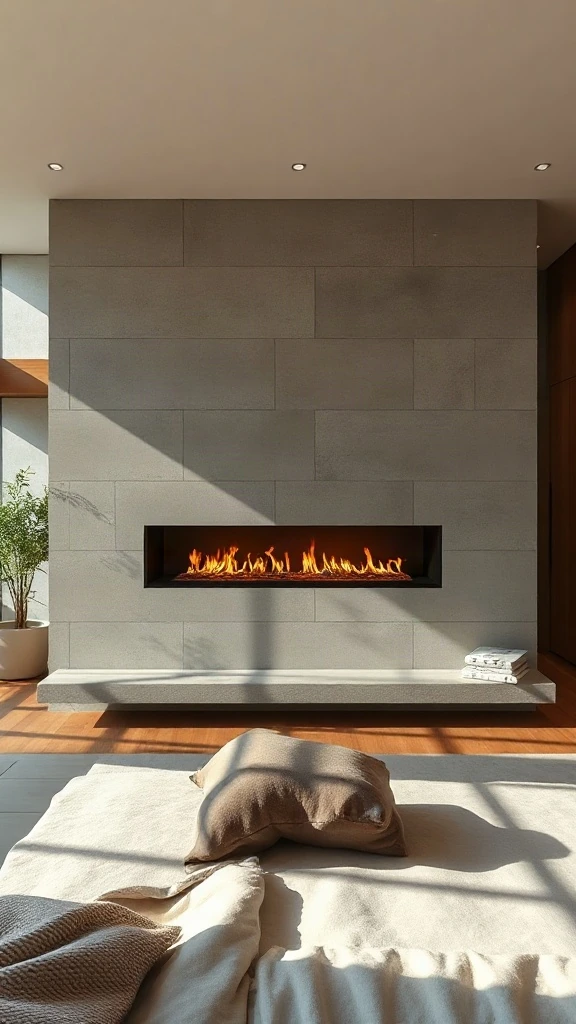Flush-mounted double-sided ribbon gas fireplace set into a microcement floating wall.