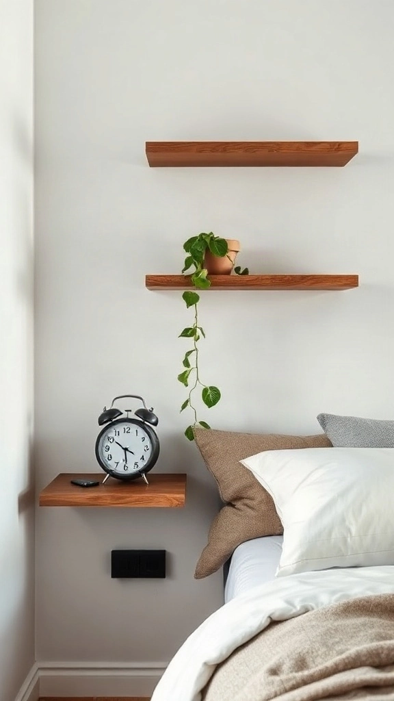 Minimalist walnut floating shelves on white plaster walls with trailing pothos plant.