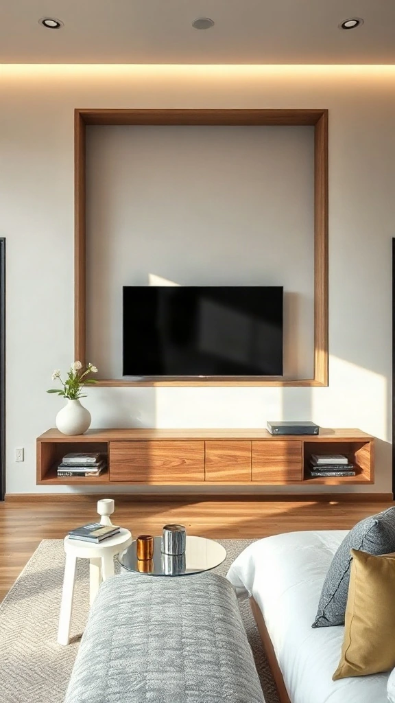 Custom wall-to-wall floating walnut console suspended beneath a recessed gallery television.