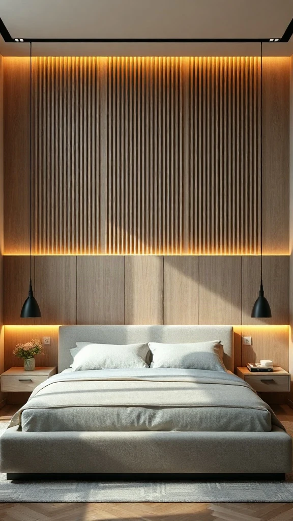 Full-height vertical white oak fluted slat accent wall behind a low upholstered bed.
