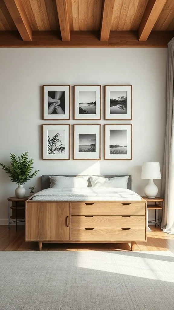 Asymmetrical gallery wall with black and white photography frames above a sleek oak dresser.