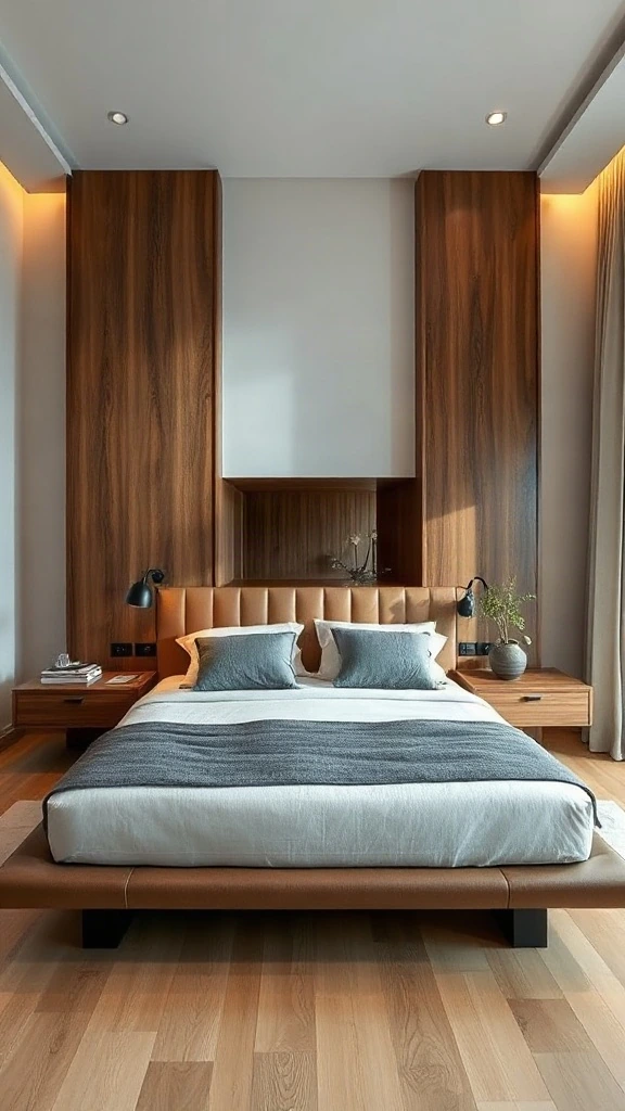 Floating king-size bed anchored to a freestanding custom walnut-and-fluted-leather divider wall.