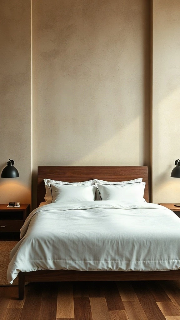 Warm beige lime-wash textured plaster walls behind a dark walnut bed frame.