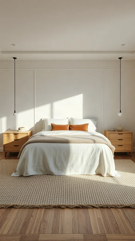 Tonal bedroom layered in ivory bouclé, raw oatmeal linen, and bleached ash nightstands.