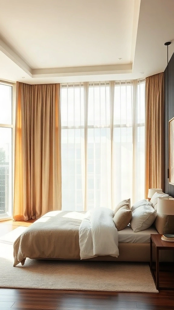 Ceiling-recessed motorized wave-fold blackout drapes in oat-colored linen spanning a glass wall.