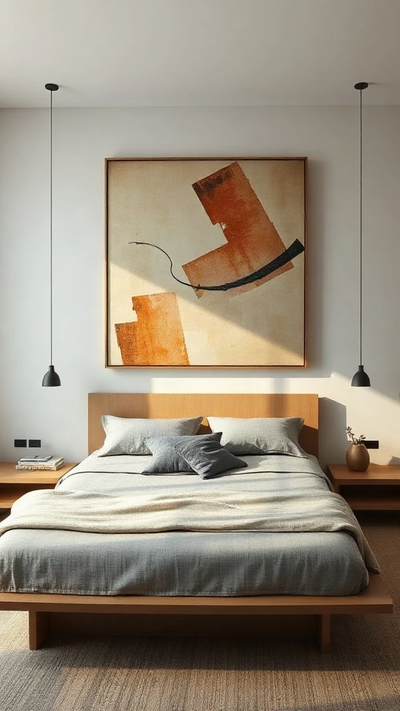 Low-profile white oak platform bed with floating nightstands and gray linen bedding.