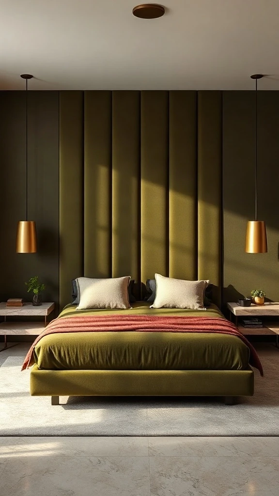Floor-to-ceiling channeled olive green velvet headboard with travertine nightstands.