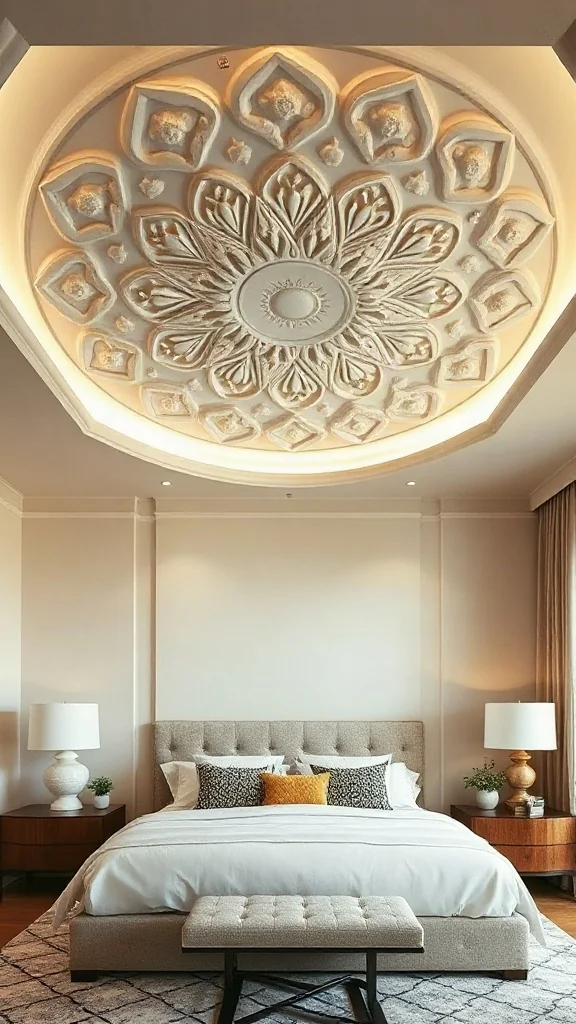 Organic, custom stepped gypsum plaster medallion on the ceiling with integrated halo lighting.