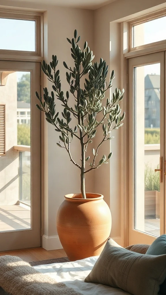Sculptural Shady Lady black olive tree in a terracotta vessel in a bedroom corner.