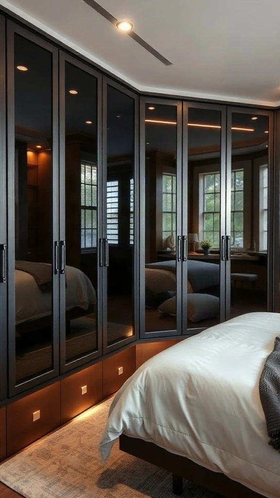 Built-in closets with semi-reflective smoked bronze glass doors and matte black aluminum frames.