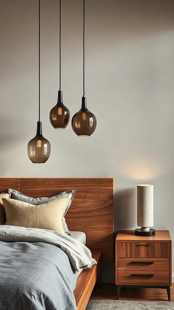 Varying-height mouth-blown smoked glass pendants suspended on one side of a low bed.