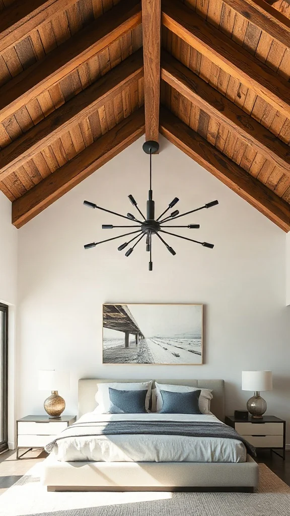 Black iron modern Sputnik chandelier hanging from a vaulted wooden beam ceiling.