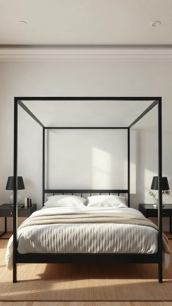 Ultra-slim matte black metal four-poster canopy bed frame against a limewashed wall.