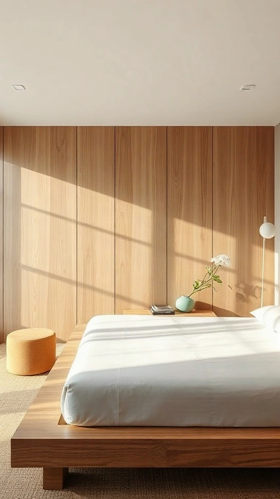 Low solid white oak platform bed resting six inches off the ground with extended ledges.