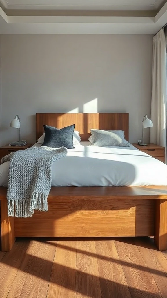 Solid walnut wooden bench at the foot of a king platform bed with white linen duvet in a modern bedroom.