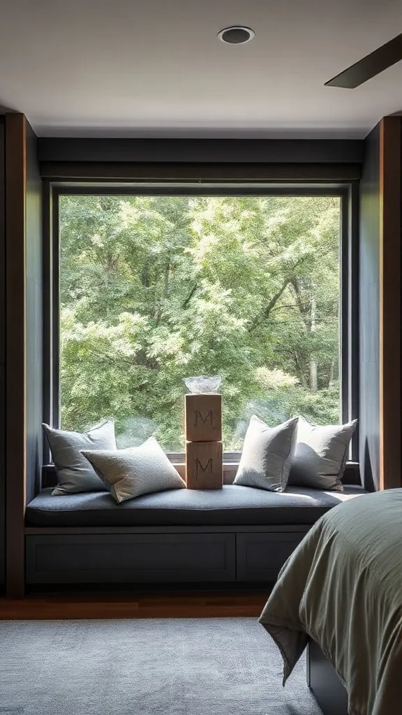 Built-in window seat bench with charcoal cushions and linen pillows in a modern bedroom.