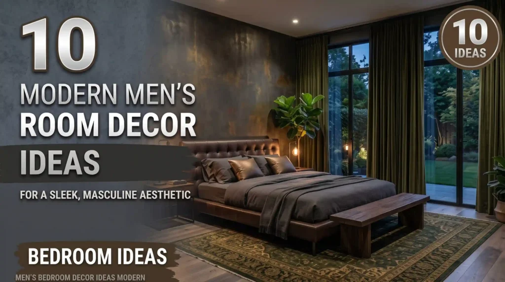 10 modern men's room decor ideas featuring a sleek masculine lounge with dark charcoal walls, black leather chesterfield sofa, and moody lighting.