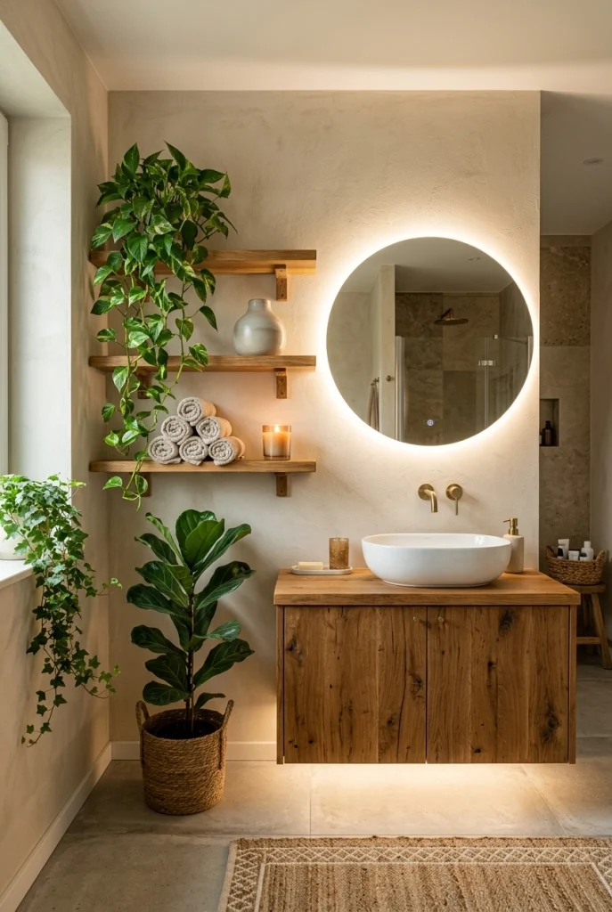 Modern organic bathroom with natural wood accents, soft neutral tones, and clean minimalist fixtures.