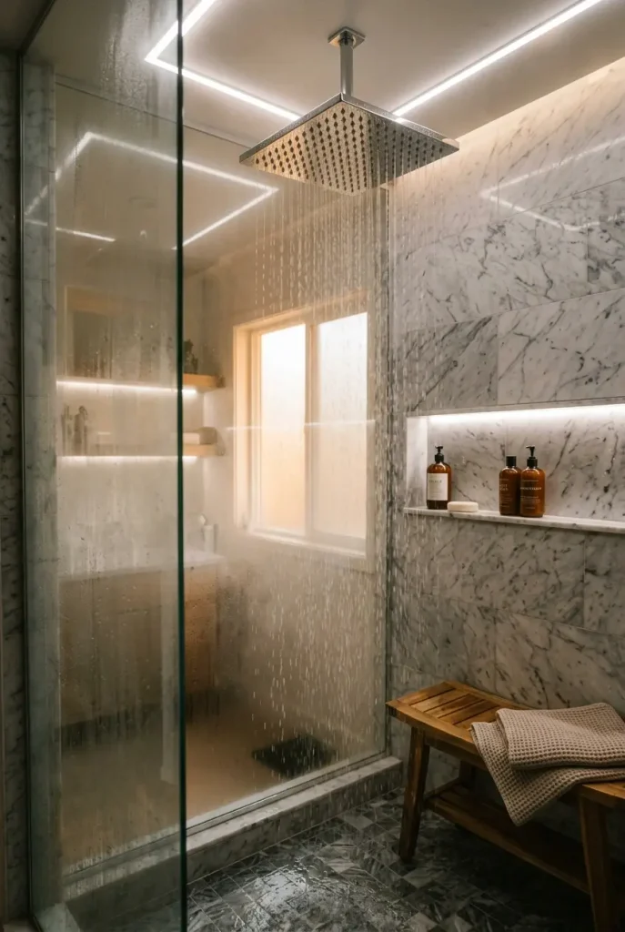 Cozy bathroom aesthetic with modern rainfall showerhead, steam, marble tiles, and ambient lighting creating a luxury spa shower.