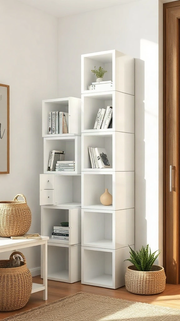 Stacked white cube storage units in a corner with woven baskets and small plants.