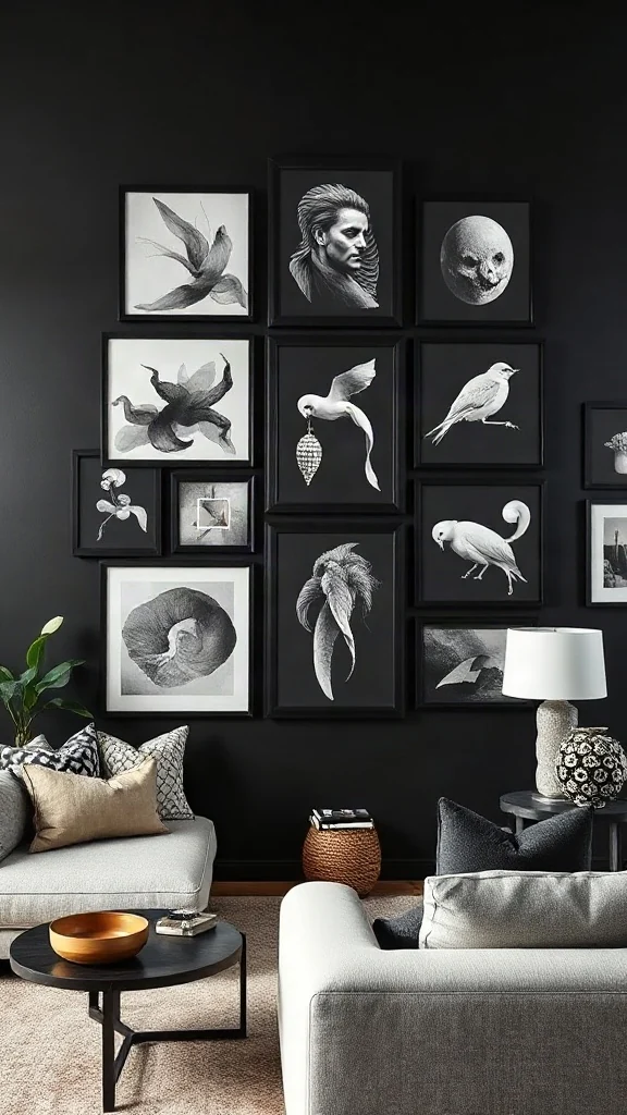 Monochromatic Black-on-Black Gallery Wall Curated living room wall painted in deep flat black and styled with a dense gallery of black-framed art