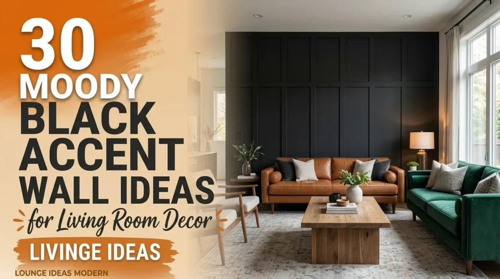 30 Moody black accent wall ideas for living room decor featuring board and batten wood paneling and cognac leather couch