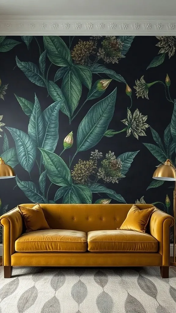 Moody Botanical Wallpaper with Charcoal Base Living room featuring a feature wall adorned with large-scale charcoal and forest green botanical wallpaper