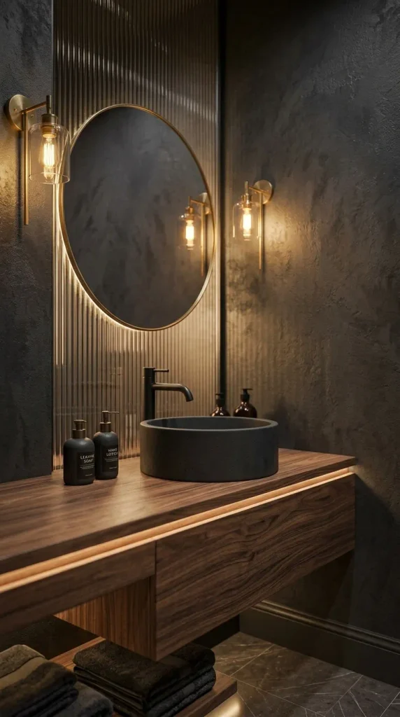 A close-up view of a dark moody bathroom vanity featuring a black vessel sink on a floating walnut wood vanity. A round, backlit gold mirror is flanked by warm filament sconces, creating a layered lighting effect. Textured charcoal walls and reeded glass enhance the intimate atmosphere.