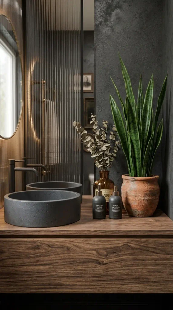 A dark moody bathroom vanity made of natural walnut featuring a vibrant snake plant in a terracotta pot, an amber bottle with dried eucalyptus, and black concrete sinks against charcoal walls