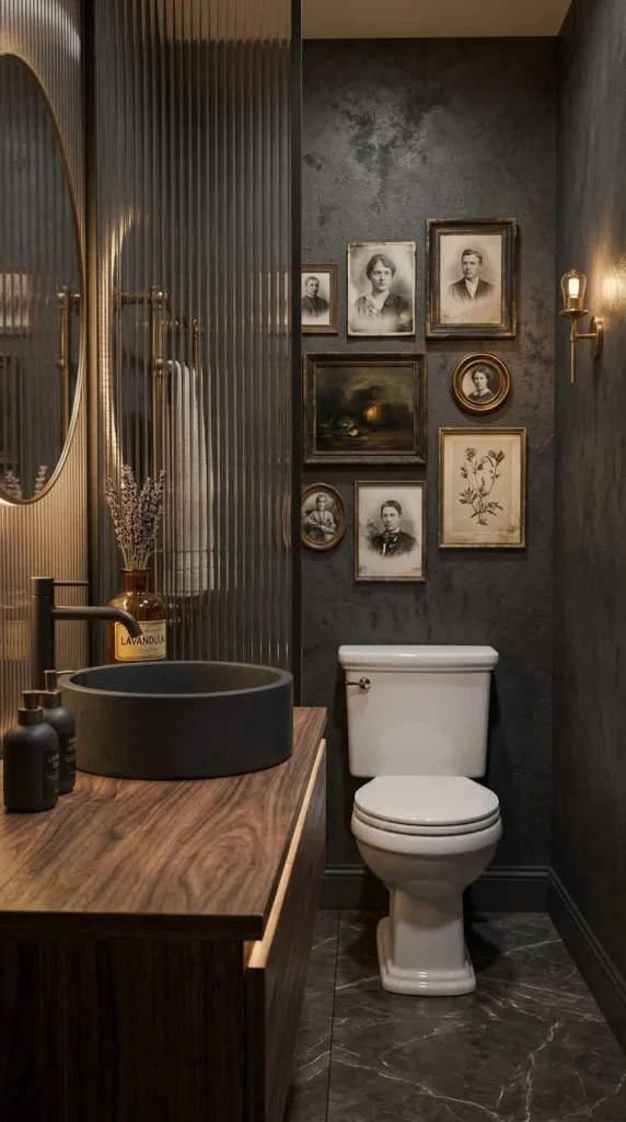 A small, dramatic dark grey powder room with a black concrete vessel sink, walnut vanity, and a curated gallery wall of vintage black and white portraits above a white toilet.