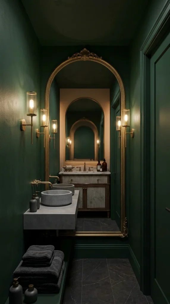 Small moody green bathroom with large vintage gold-framed arched mirror, brass sconces, and dual fluted marble vessel sinks.Image Description:
