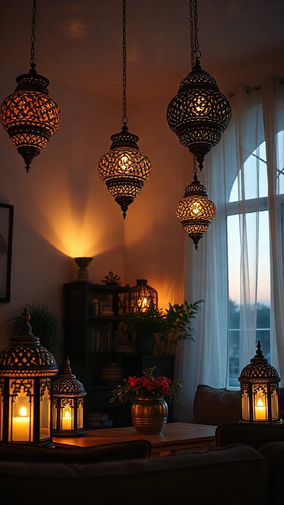 Moroccan Lantern Lighting Glowing Moroccan brass lanterns scattering geometric shadows across a cozy boho living room at dusk.