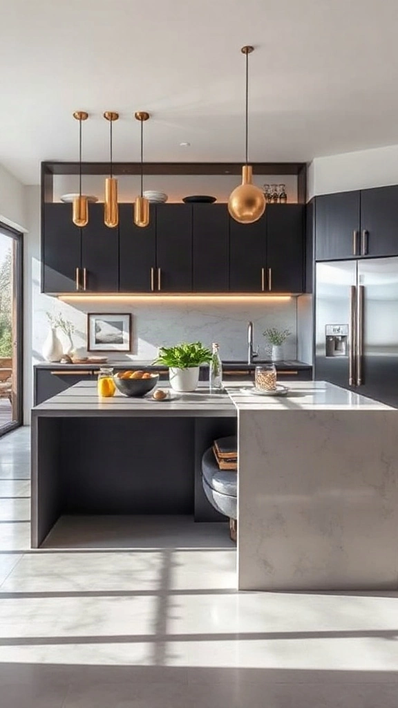 Kitchen island featuring a lower prep level and a higher dining bar level.
