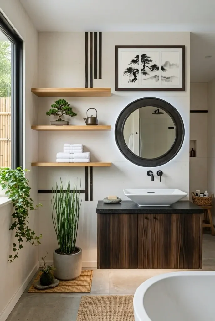 Bathroom featuring a round natural rattan mirror above a vanity, flanked by a curated gallery wall of botanical art prints.
