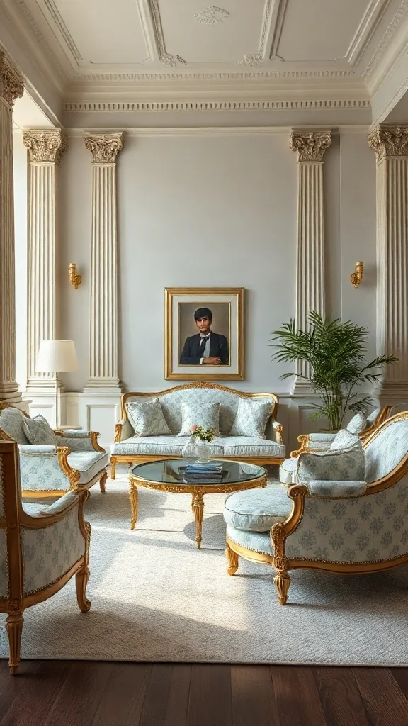 Neoclassical Gilded Wood Living Room Collection Traditional living room set displaying a neoclassical parlor with a gilded wood frame sofa set and pale blue damask.