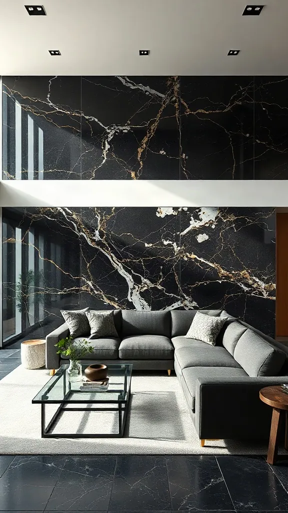 Floor-to-Ceiling Black Marble Slab Accent Ultra-luxurious open-concept living space featuring a massive book-matched black Nero Marquina marble slab wall