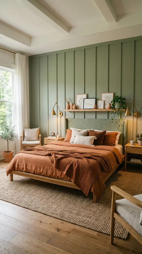 A bedroom headboard featuring a solid white oak picture ledge with small framed sketches, handmade terracotta bud vases, and a trailing plant in a sage green pot.
