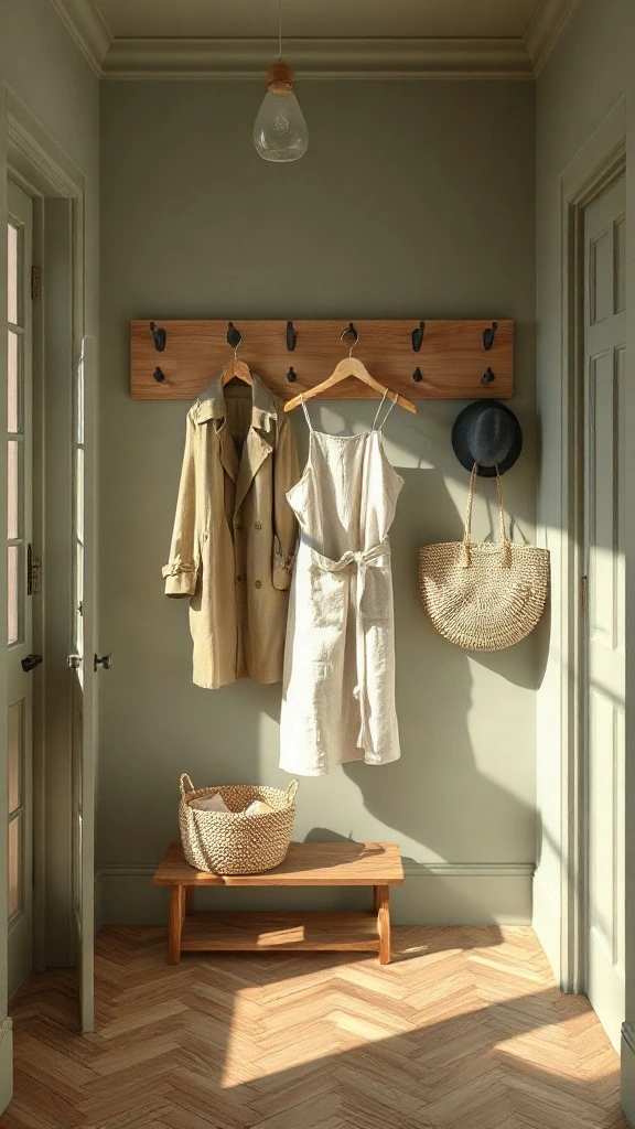 Monochromatic olive green hallway featuring a full-length Shaker peg rail for entryway decorations.