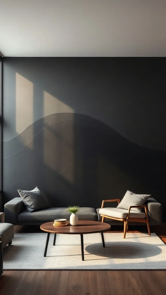 Ombré Charcoal-to-Obsidian Gradient Soft hand-blended ombre accent wall transitioning from smoky charcoal gray to deep obsidian black