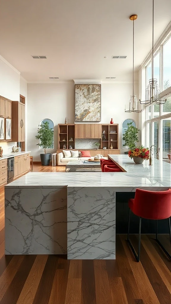 Large open kitchen with a marble waterfall island, velvet stools, and warm wood flooring.