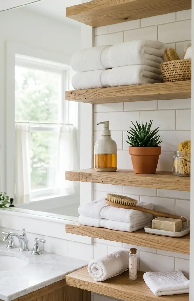 Cozy bathroom aesthetic with open wooden shelves holding folded white towels, a ceramic soap dispenser, and a small plant for a bright and airy look.
