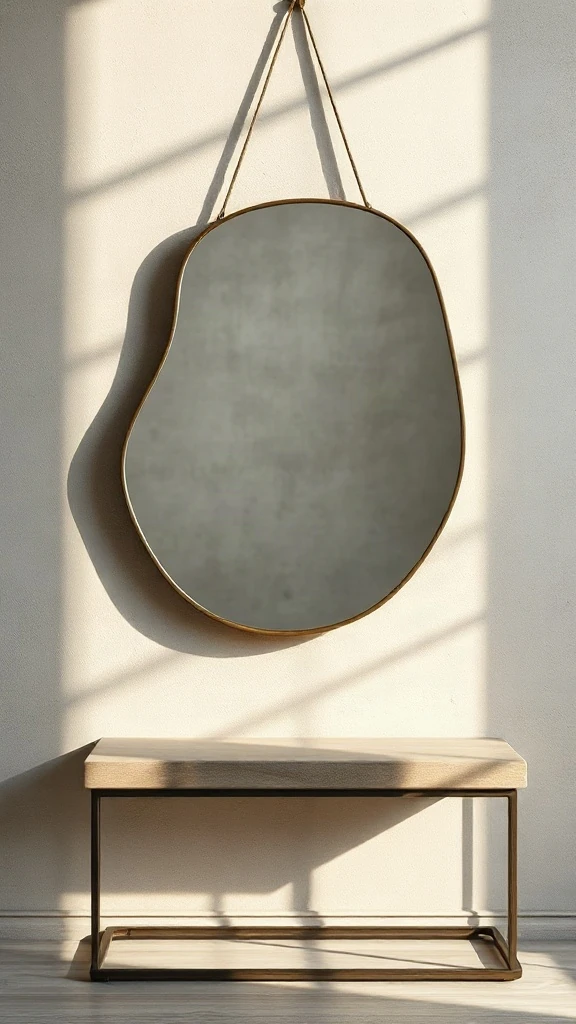 Wavy organic-shaped mirror mounted on a textured neutral-colored wall.