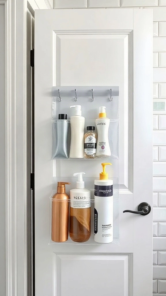 Over-the-Door Clear Pocket Organizers Heavy-duty clear vinyl pocket organizer hanging on a white paneled bathroom linen door holding small toiletries.