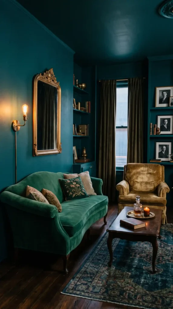 Moody living room painted in matte peacock teal featuring an emerald green velvet sofa, vintage gold armchair, and an ornate gilded mirror under warm brass sconce lighting.
