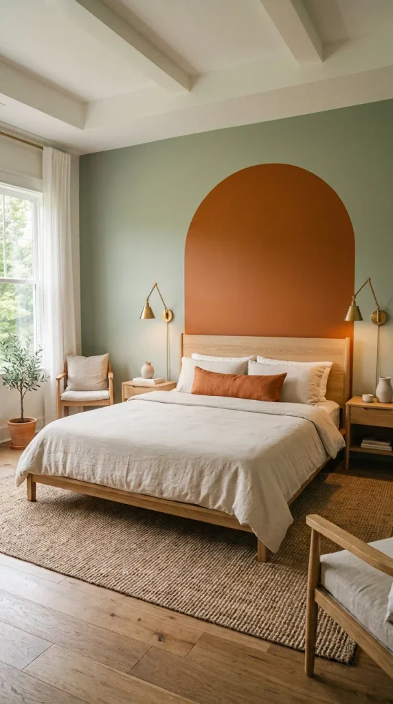 A simple bed centered in front of a DIY burnt orange painted wall arch against desaturated sage green bedroom walls.